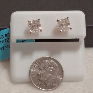 Moissanite Rose Gold Over 925 SS Princess Cut Diamond Pushback Earrings